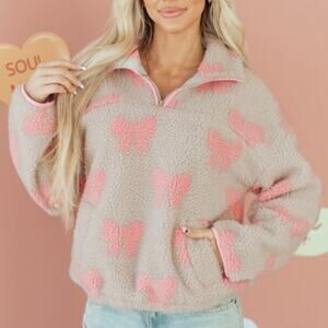 Boutique Gray Bow Sherpa Quarter Zip Drop Shoulder Baggy Sweatshirt Size Small